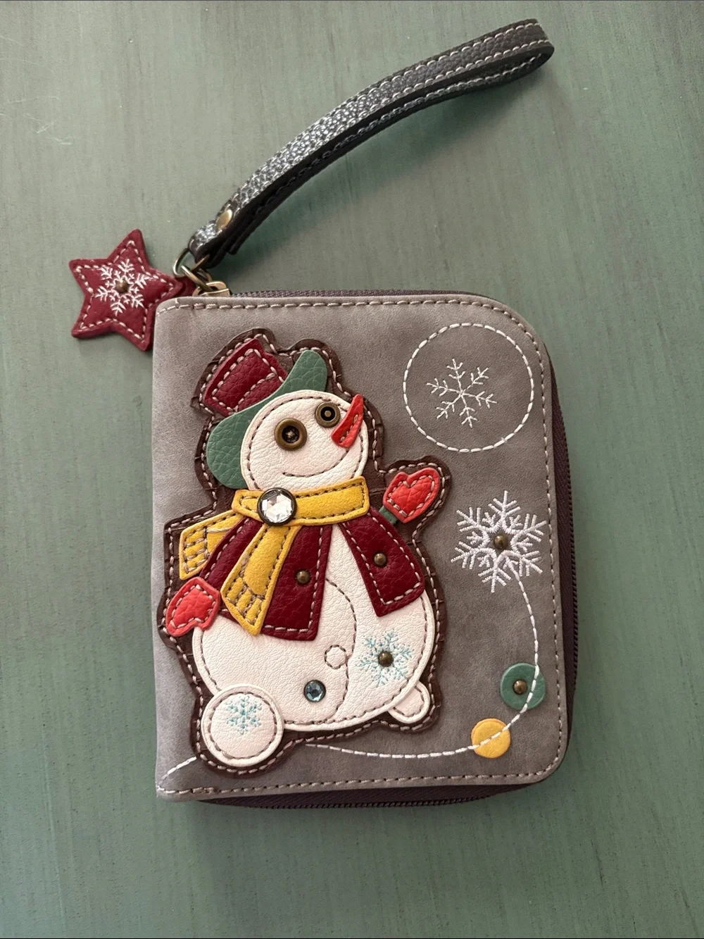 Chala Gray Wristlet Wallet with Festive Snowman Appliqué